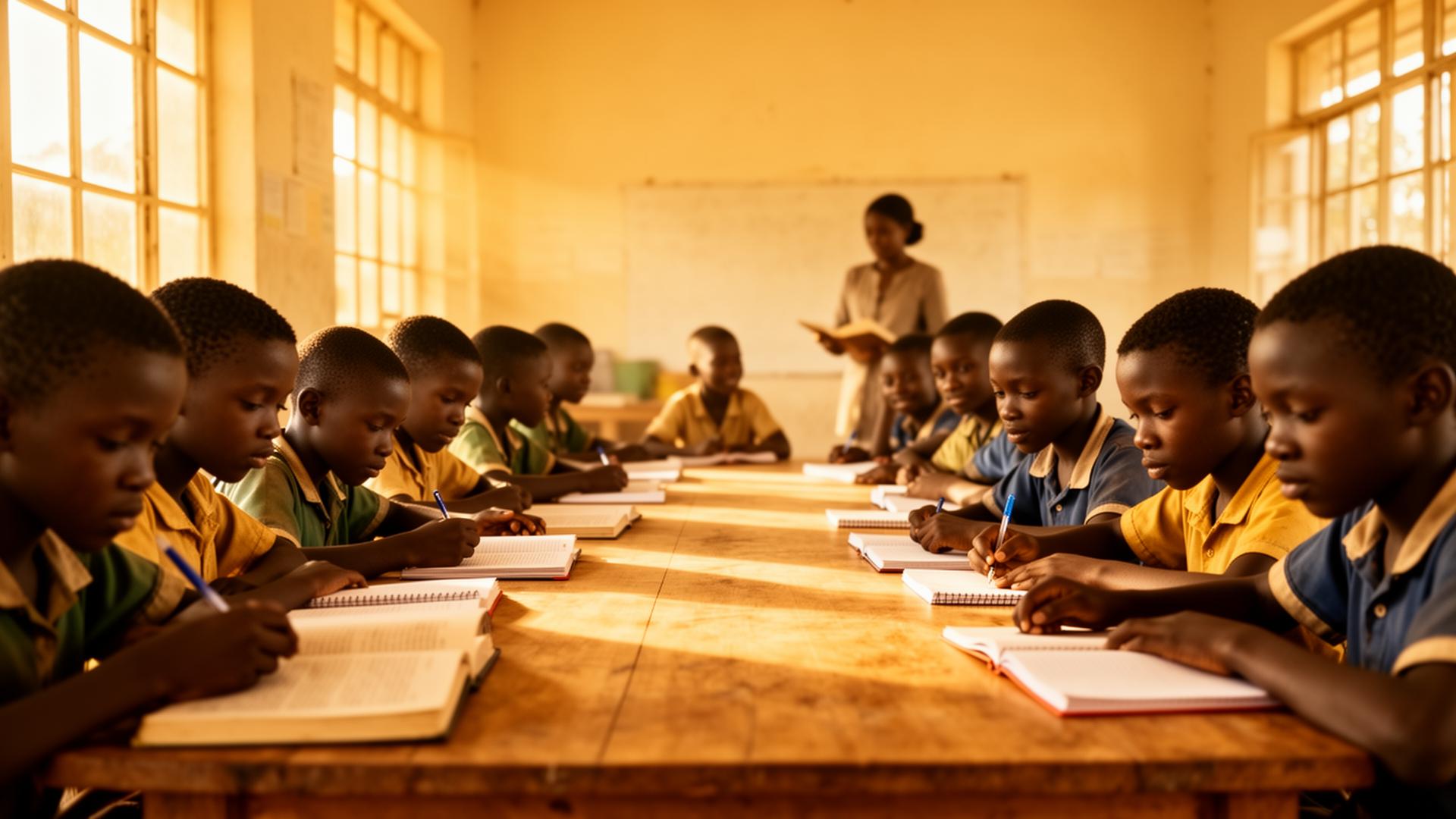 Young people gathered around a long table in a bright community learning space, writing in notebooks together with a facilitator in the background.