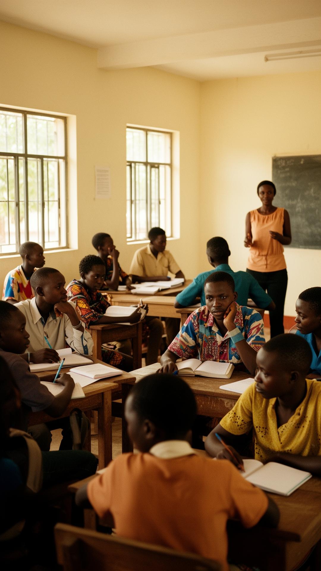 Young people seated in small groups inside a bright community learning hub in West Africa, with a coordinator in the background.